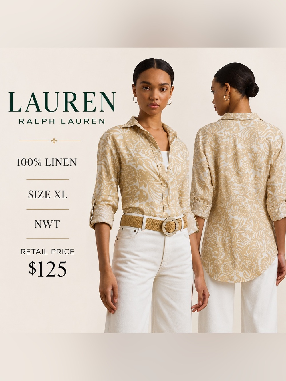 Lauren Ralph Lauren Size XL Cream Tan Floral Paisley 100% Linen Button Up Shirt